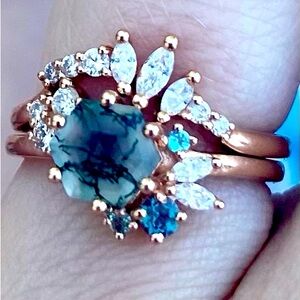 14k rose gold vintage hexagon cut moss agate diamond engagement ring set